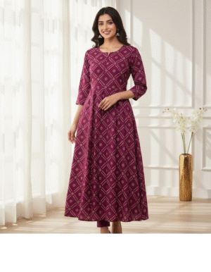 Elegant Wine-Purple Bandhani-Print Anarkali Kurta Set