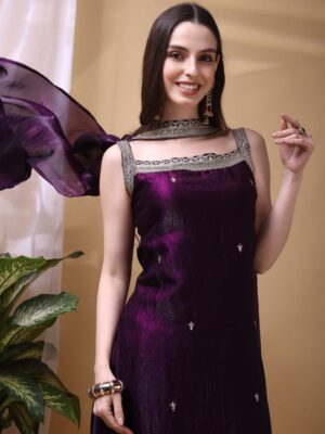 Regal Wine Silk Embroidered Straight Kurta with Chiffon Dupatta