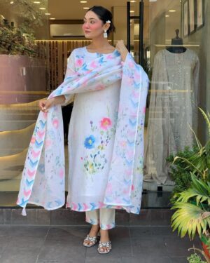 Pristine White Floral Organza Kurta Set with Chevron Borders