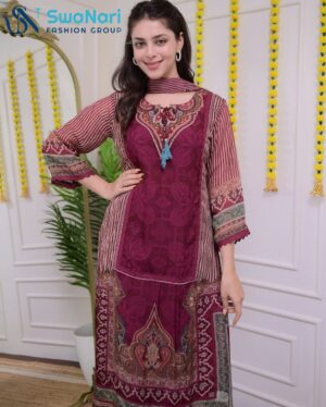 Maroon Ethnic Print Kurta with Embroidered Neck & Lace Detailing