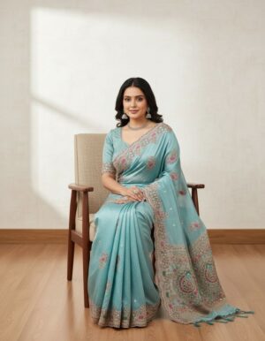 Opulent Shimmer Silk Saree with Intricate Multi-Tone Embroidery