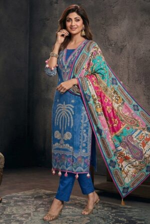 Royal Cerulean Blue Pashmina Style Kurta Set with Kalamkari Dupatta