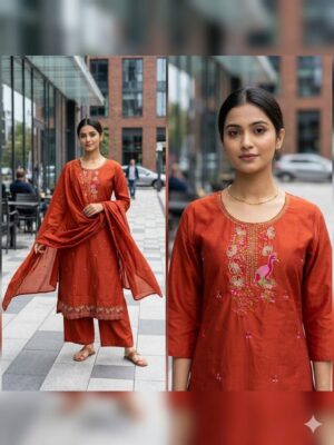 Elegant Peacock Embroidered Chanderi Silk Kurta Set with Palazzo & Dupatta