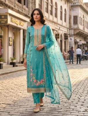 Luxe Tissue Chanderi Silk Floral Embroidered Suit Set with Organza Dupatta