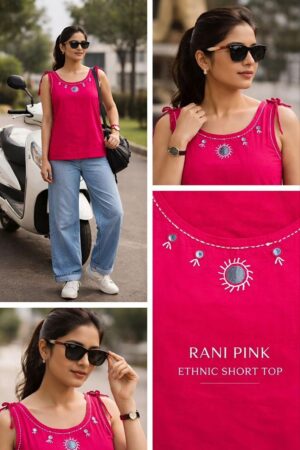 Gilded Petals: Scalloped Neck Mirror-Work Short Top