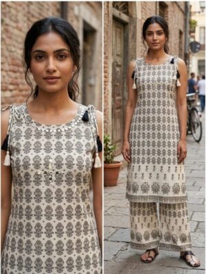 Ivory & Charcoal Floral Print Sleeveless Kurta with Matching Wide-Leg Palazzos
