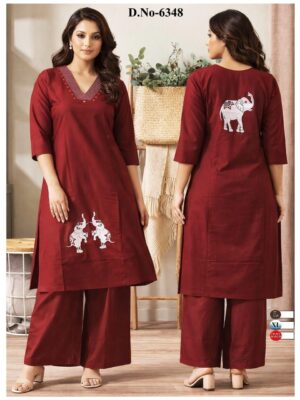Maroon Dabbu Cotton Kurta Set with Handcrafted Embroidery
