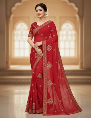 Crimson Elegance Georgette Saree with Intricate Zari Embroidery