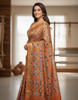 Rust Orange Pure Tussar Silk Patola Print Saree with Zari Border