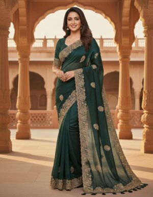 Emerald Heritage Georgette Saree with Ornate Antique Gold Zari Cutwork Border