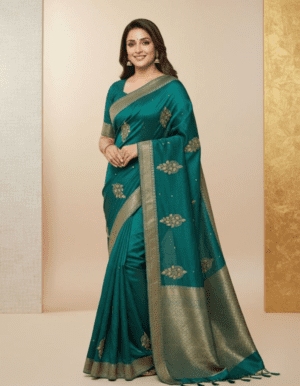 Teal Blue Chanderi Silk Saree with Antique Gold Zari Buta Work and Intricate Pallu