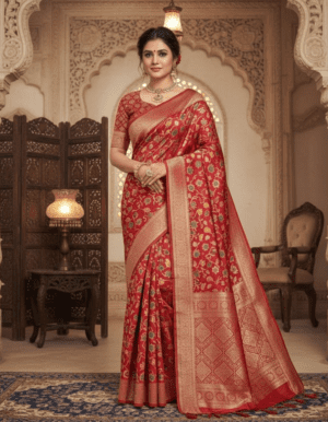 Majestic Crimson Banarasi Silk Saree with Verdant Floral Jaal