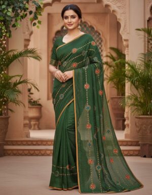 Olive Bottle Green Georgette Saree with Shimmer Highlights and Diagonal Embroidered Motifs
