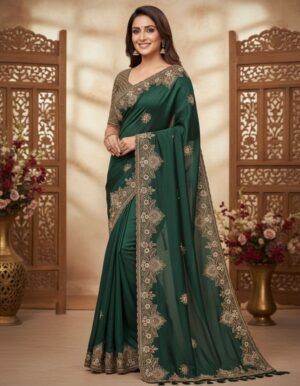 Forest Green Silk-Satin Saree with Ornate Cutwork Lace and Zari Embroidery