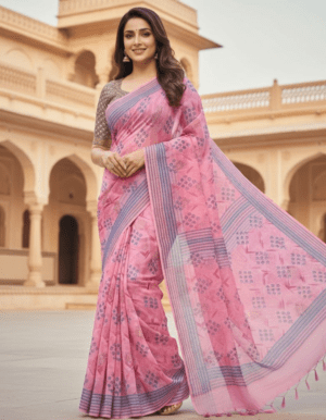 Pastel Pink Handloom Linen Saree with Indigo Floral Butis