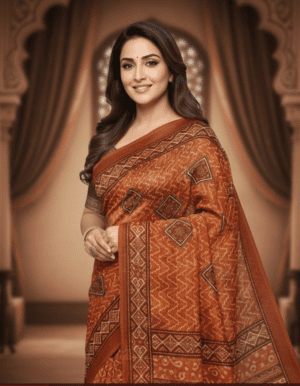 Rust Orange Batik Kota Silk Saree with Geometric Diamond Panels