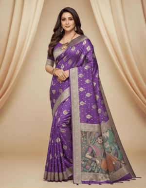 Royal Purple Vichitra Silk Saree with Geometric Bandhej-Inspired Print