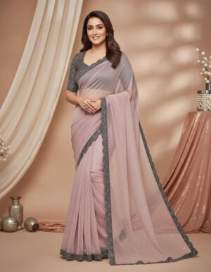 Powder Pink Shimmer Georgette Saree with Charcoal Scalloped Border