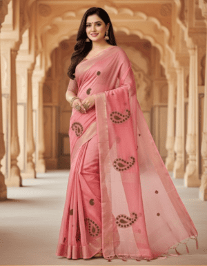Pastel Onion Pink Chanderi Linen Saree with Antique Zari Border and Embroidered Paisley Buta