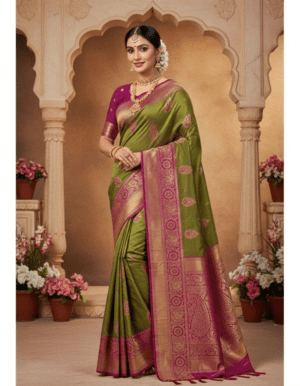 Vibrant Olive & Magenta Heritage Silk Saree with Paisley Zari Borders
