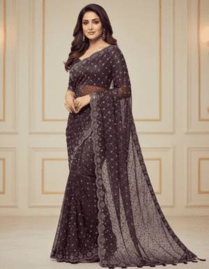 Deep Wine Net Saree with Starry Sequin Embroidery and Scalloped Border