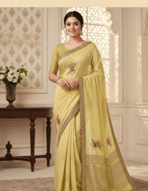 Lime Cream Georgette Saree with Fine Shimmer Texturing and Embroidered Floral Bouquets