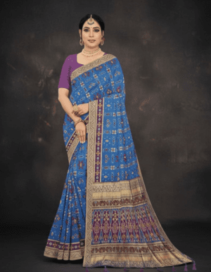Oceanic Azure Patola-Style Silk Saree with Heritage Ikat Weaving