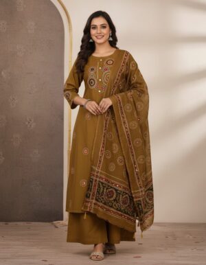 Royal Crimson Charm – Pure Cotton Embroidered Anarkali Kurta Set with Dupatta