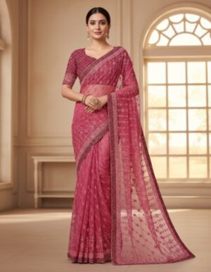 Radiant Magenta Embroidered Net Saree