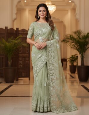 Ethereal Sage Green Floral Embroidered Net Saree