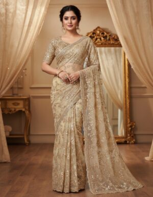 Champagne Gold Glamour Embroidered Net Saree