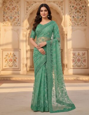 Seafoam Green Regal Embroidered Net Saree