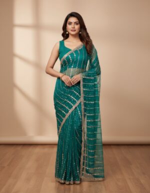 Seafoam Green Regal Embroidered Net Saree