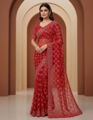 Scarlet Red Majestic Geometric Embroidered Net Saree