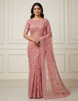 Dusty Rose Divine Floral Embroidered Net Saree