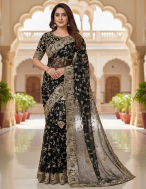Midnight Onyx & Gold Heritage Embroidered Net Saree