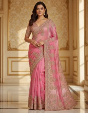 Rose Quartz Regal Embroidered Net Saree