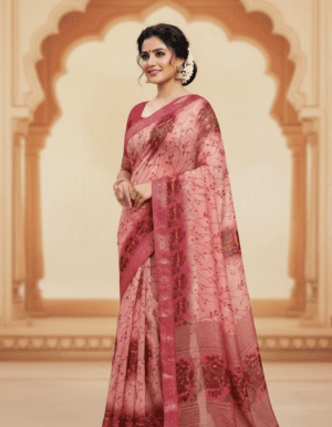 Blush Pink Chanderi Linen Saree with Delicate Vine Prints and Woven Zari Border