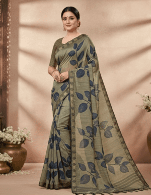 Olive Sage Georgette Saree with Bold Indigo Leaf Vines