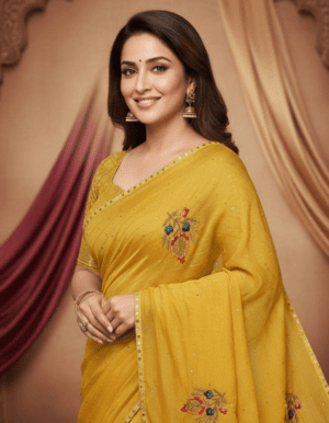 Mustard Yellow Shimmer Georgette Saree with Sequined Border and Embroidered Floral Sprigs