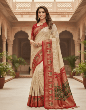 Royal Marigold & Crimson Patola-Style Silk Saree