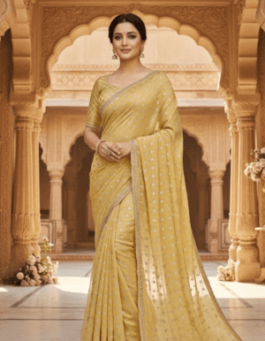 Muted Gold Georgette Saree with Allover Silver Zari Buti and Embroidered Lace Border