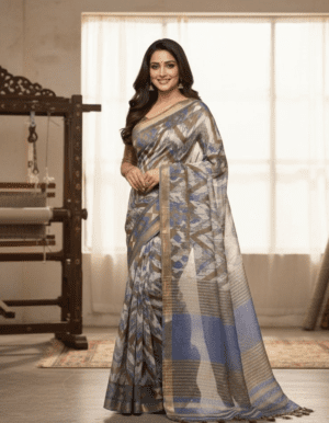 Slate Grey and Indigo Blue Chanderi Linen Saree with Abstract Geometric Ikat Prints and Zari Borders