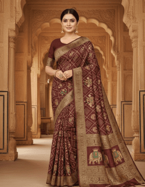 Deep Maroon Bandhani Art Silk Saree with Royal Elephant Border