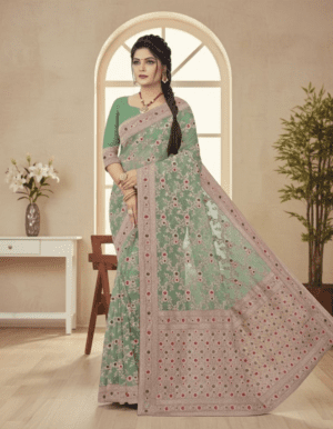 Pistachio Green Heritage Silk Saree with Ruby Floral Accents
