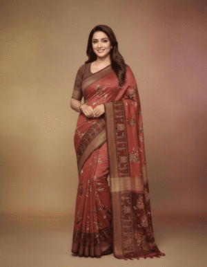 Rust Terracotta Kalamkari Silk Saree with Antique Tussar Border