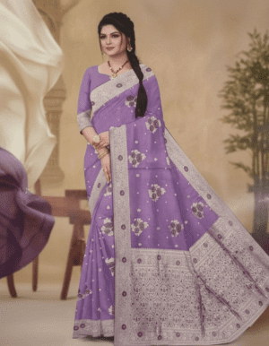 Lavender Heritage Silk Saree with Ornate Silver Zari & Floral Motifs