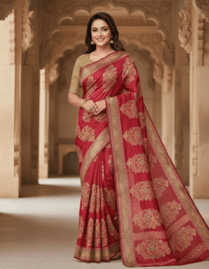 Regal Cherry Red Banarasi Silk Saree with Antique Zari Floral Buta and Brocade Border