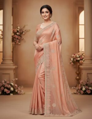 Blush Peach Metallic Shimmer Saree with Intricate Scalloped Resham Border