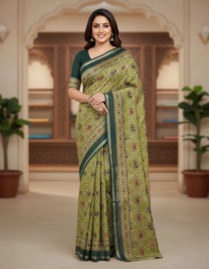 Olive Green Patola Silk Blend Saree with Contrast Zari Border